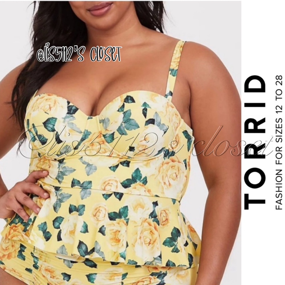 Torrid Yellow Rose Floral Peplum Midkini Swimsuit Top 2X 18 20